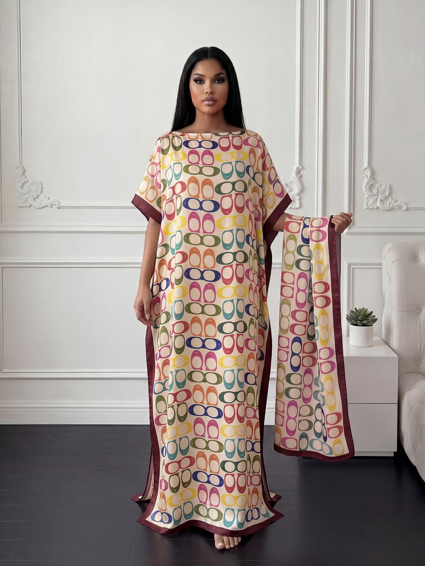 Elegant Geometric Print Robe Set, Long Dress with Headscarf, Sun Protection Silk Scarf, Women's Beachwear, Stylish and Comfortable