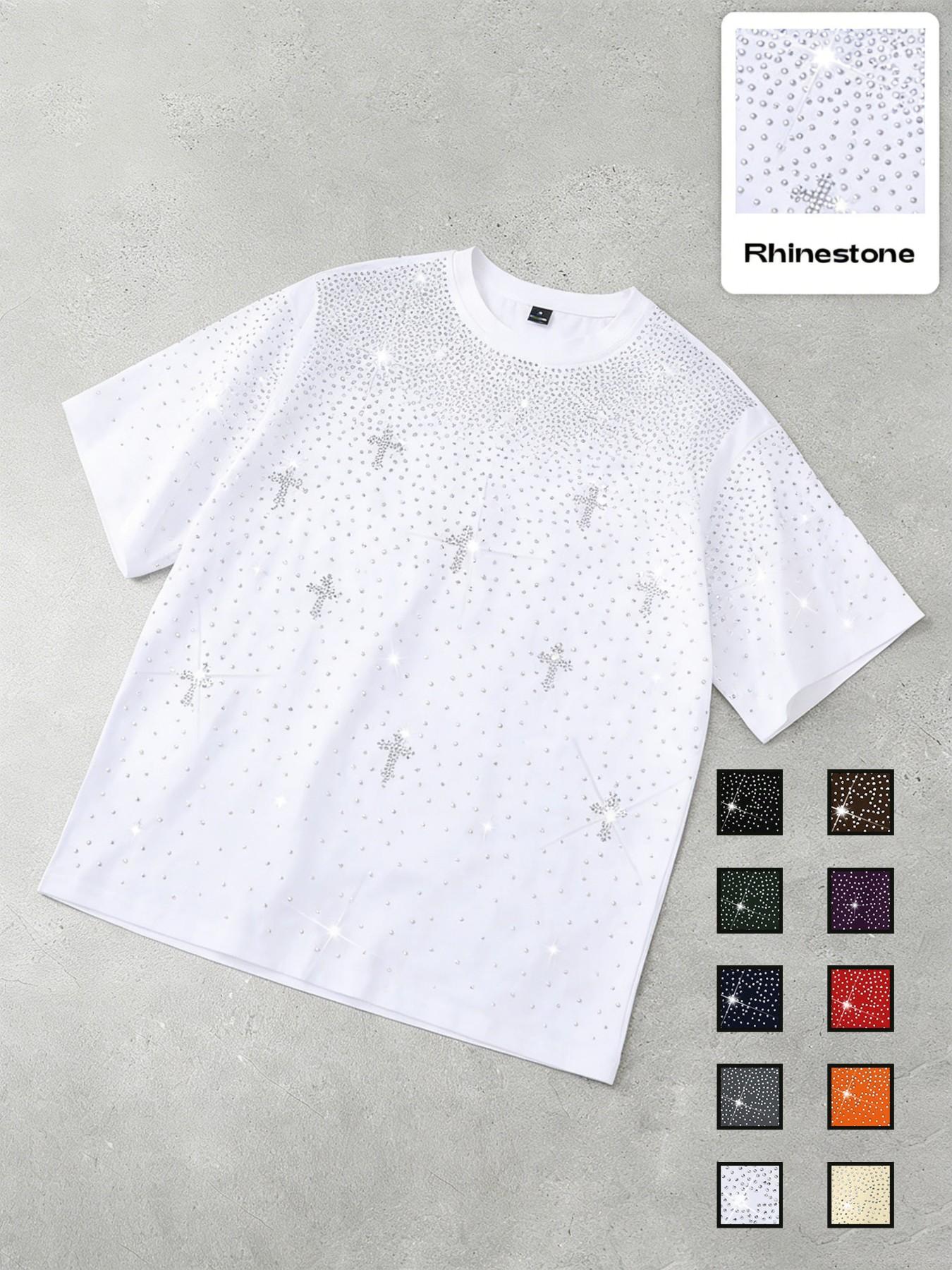 Men's Gothic Cross Rhinestone Embellished T-Shirt | Lightweight Breathable Polyester, Black Base with Sparkling Rhinestone Star & Cross Print, Oversized Fit, Y2K Streetwear Casual Tee, Ideal for Party, Night Out, Urban Street Style & Edgy Looks