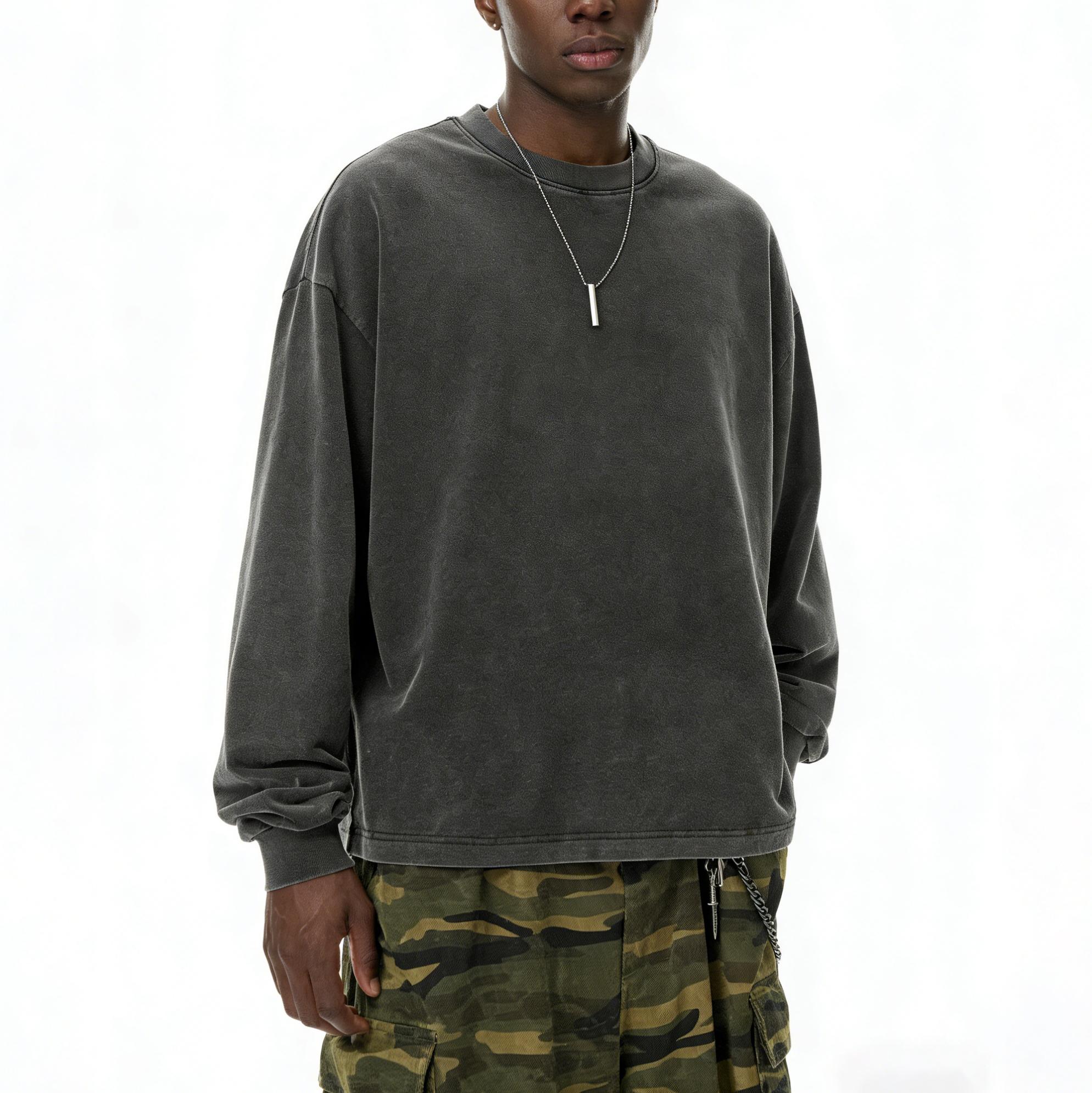 Inflation 100% Cotton 270g Cropped Boxy Fit Washed Oversize Streetwear Long Sleeve T-Shirt Autumn New American Vintage Washed Cotton Tee Short Menswear Top Tshirt Round Neck Crewneck Casual Bestie Operator Beige Plain