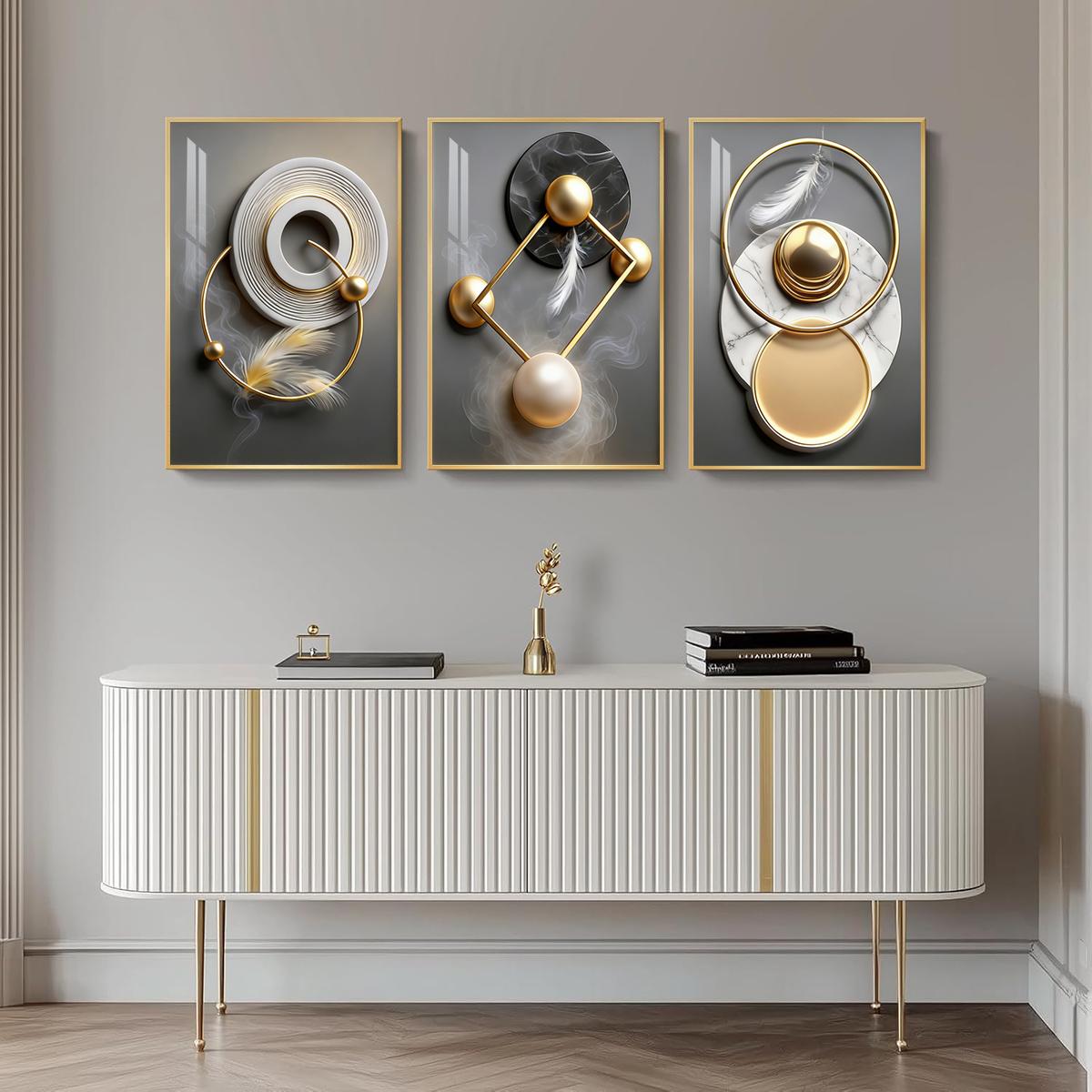 3 Counts Aluminum Alloy Framed Painting, Modern Abstract Geometric Gold And Feather Art Pictures, Home Decoration For Living Room, Bedroom, Office, Restaurant, Hallway Wall Decor, Odorless Print Artwork, Luxury Perfect Gift For Friends And Family