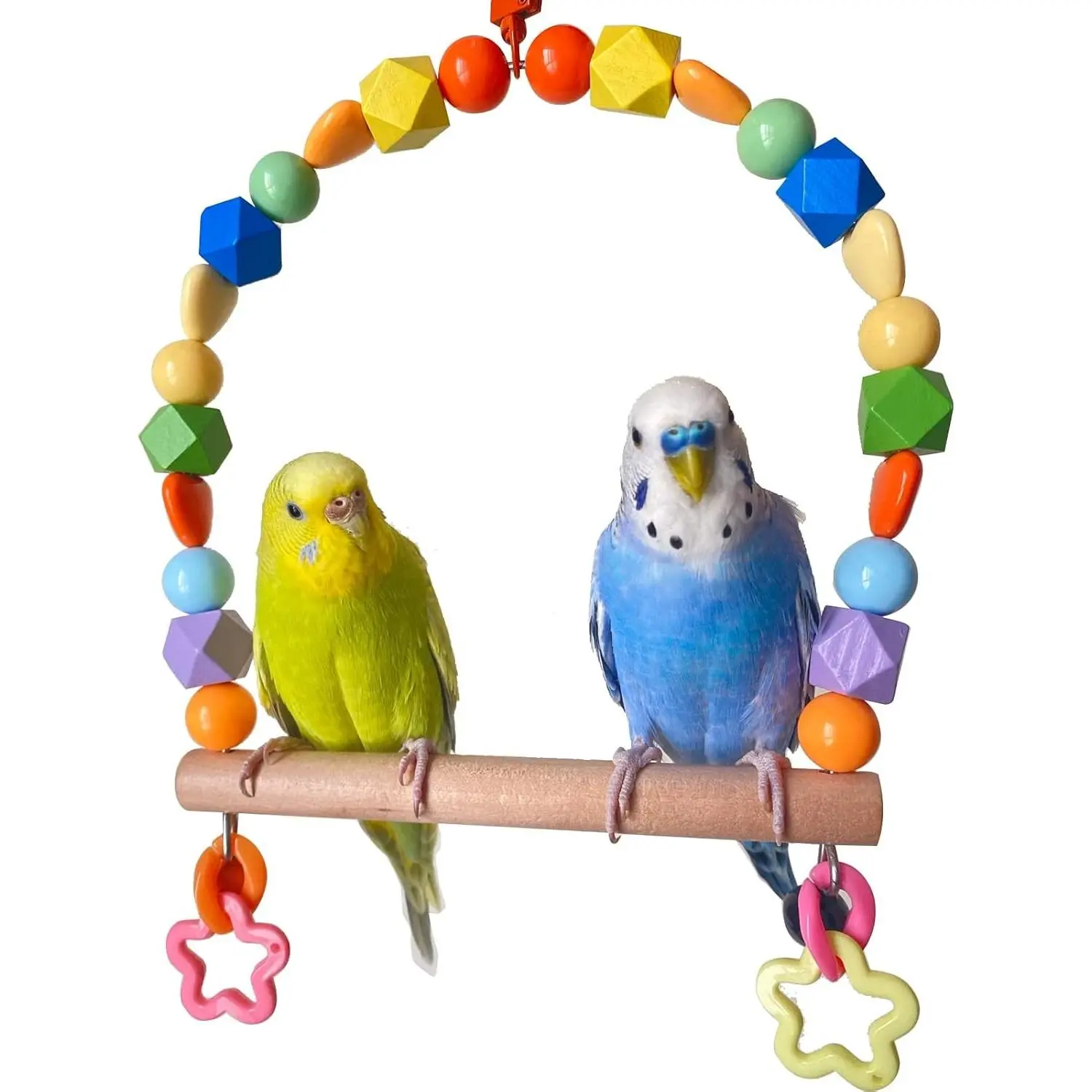 Wooden Bird Swing Perch for Large Parrots Cockatiel Parakeet Hanging Birdcage Playground Play Gym Accessories Colorful Beads Climbing Toy for Lovebirds Conures Budgies