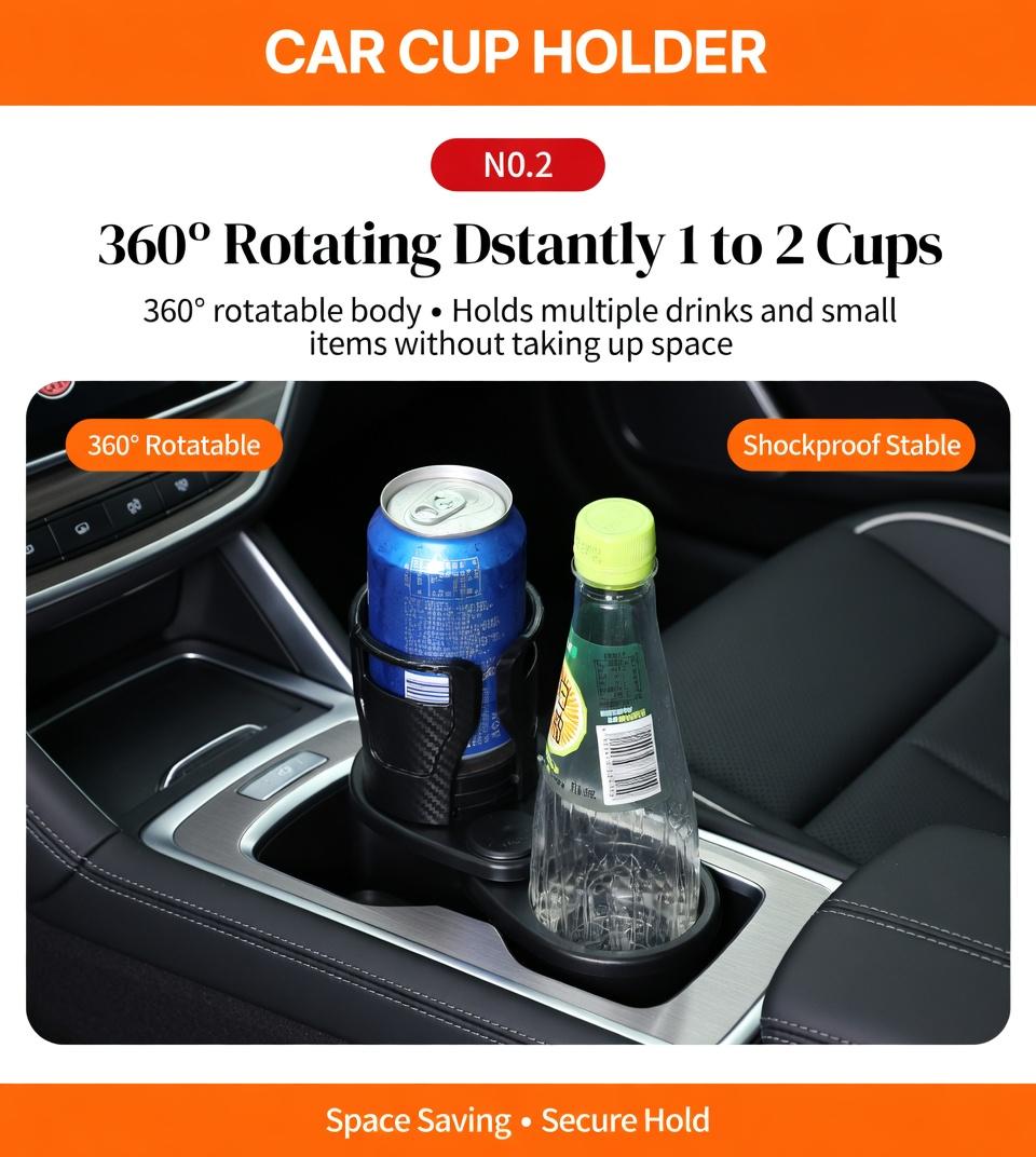 2-in-1 Rotating Car Cup Holder Carbon Fiber Black - Double Layer Expandable Drink Holder with Extra Storage Tray, Universal Fit Most Vehicles