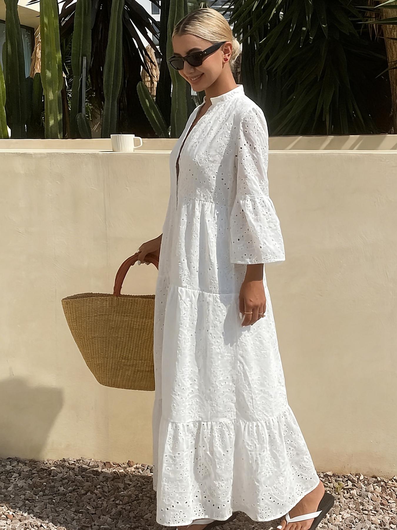 A women's white fashionable French flared sleeve tunic dress with elegant French style, Modest Summer Outfit, suitable for commuting to work, shopping and outdoor activities, indoor and outdoor dressing