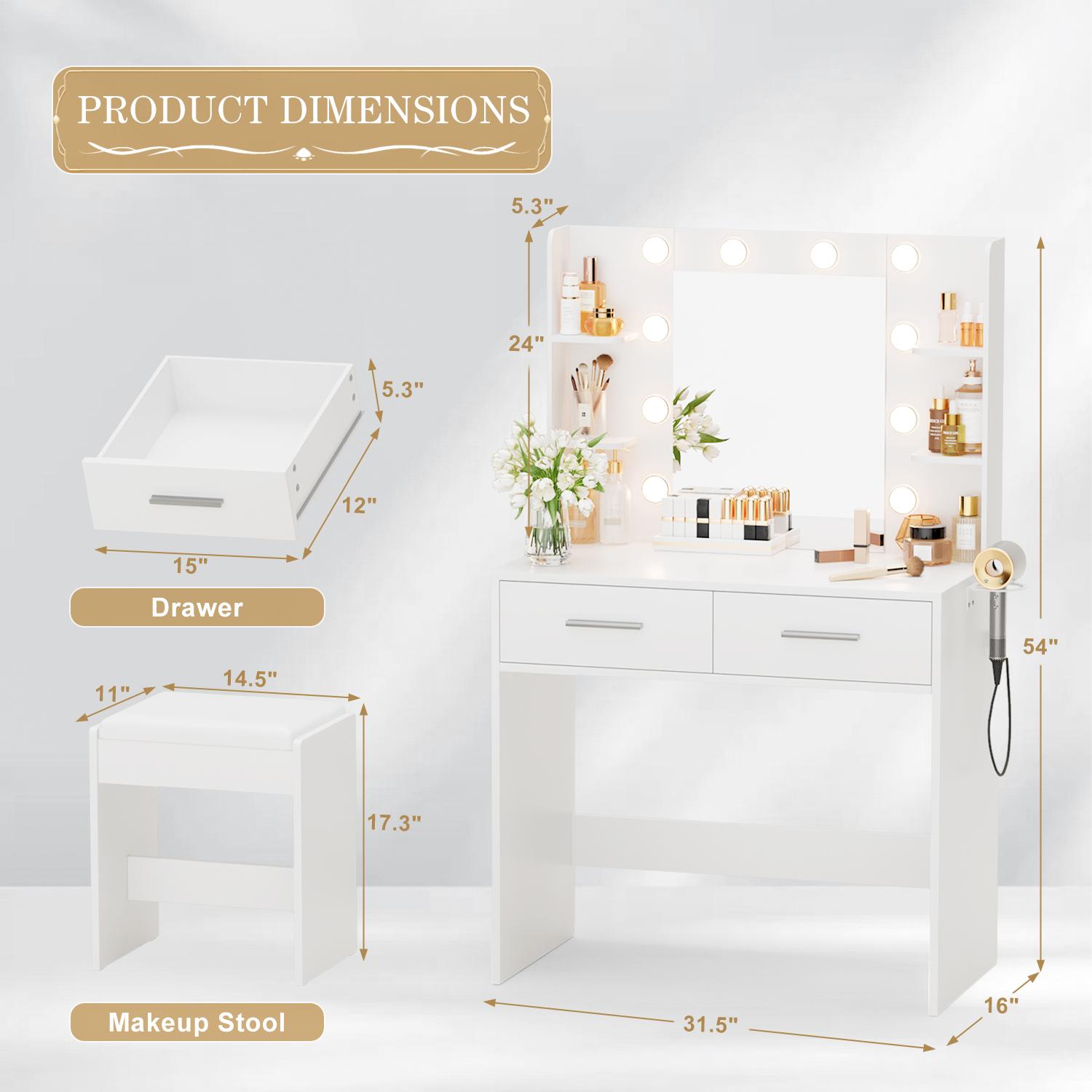 FURMAX Makeup Vanity Set with Lighted Mirror, Makeup Vanity with 2 Drawers, Vanity Desk with Chair for Bedroom & Dressing Room FURMAX Makeup Vanity Set with Lighted Mirror, Makeup Vanity with 2 Drawers, Vanity Desk with Chair for Bedroom & Dressing Room