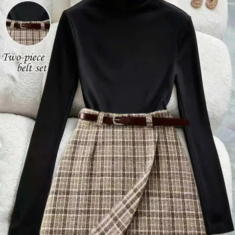Elegant Chic Women's Fall Knit High Stretch Slim Fitted Long Sleeve Top, French Vintage Plaid Skirt with Waist Belt, Casual Commuter Two-Piece Matching Outfit, Skirt Top Sets