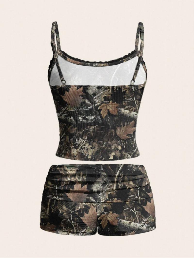 Women's Maple Leaf Print Camisoles & Shorts Two-piece Set, Casual Fashion Top & Shorts for Daily Outdoor Wear, Ladies Clothes for All Seasons, 2 Piece Sets Women, Matching Sets
