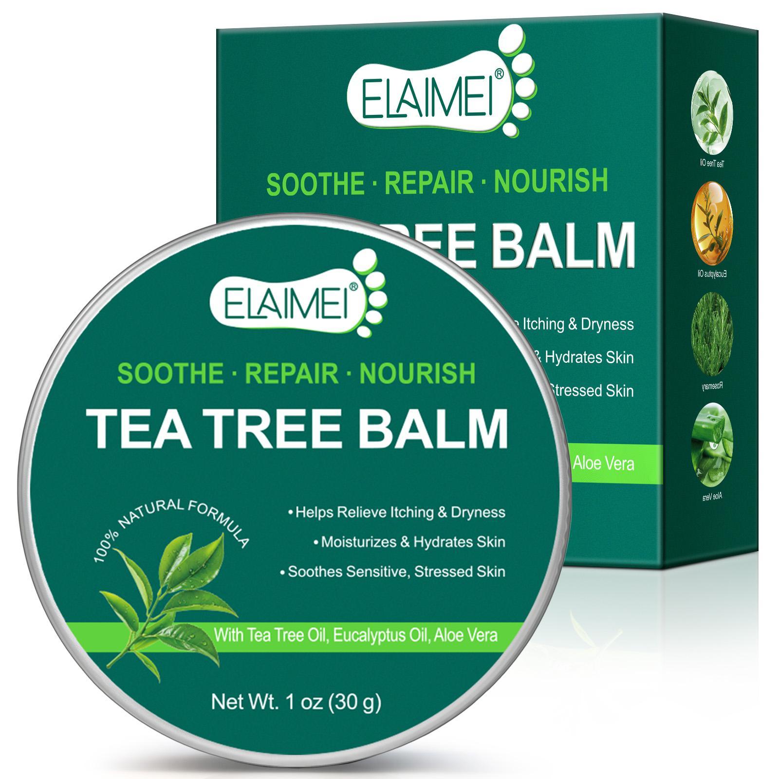ELAIMEI Multi-Purpose Tea Tree Oil Balm, suitable for sensitive skin, soothes skin issues caused by dryness, provides rapid relief, moisturizes dry skin, and offers long-lasting hydration