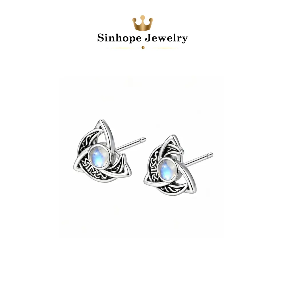 Celtic Trinity Knot Moonstone Stud Earrings for Women, Vintage Triquetra Crescent Moon Silver Earrings, Irish Witchy Amulet Spiritual Jewelry Gift