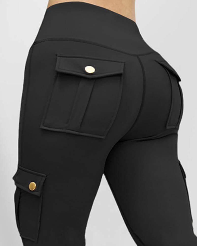 Women Cargo Pocket High Waist Leggings, Stretch Slim Fit Workout Pants, Casual Athletic Running Fitness Trousers