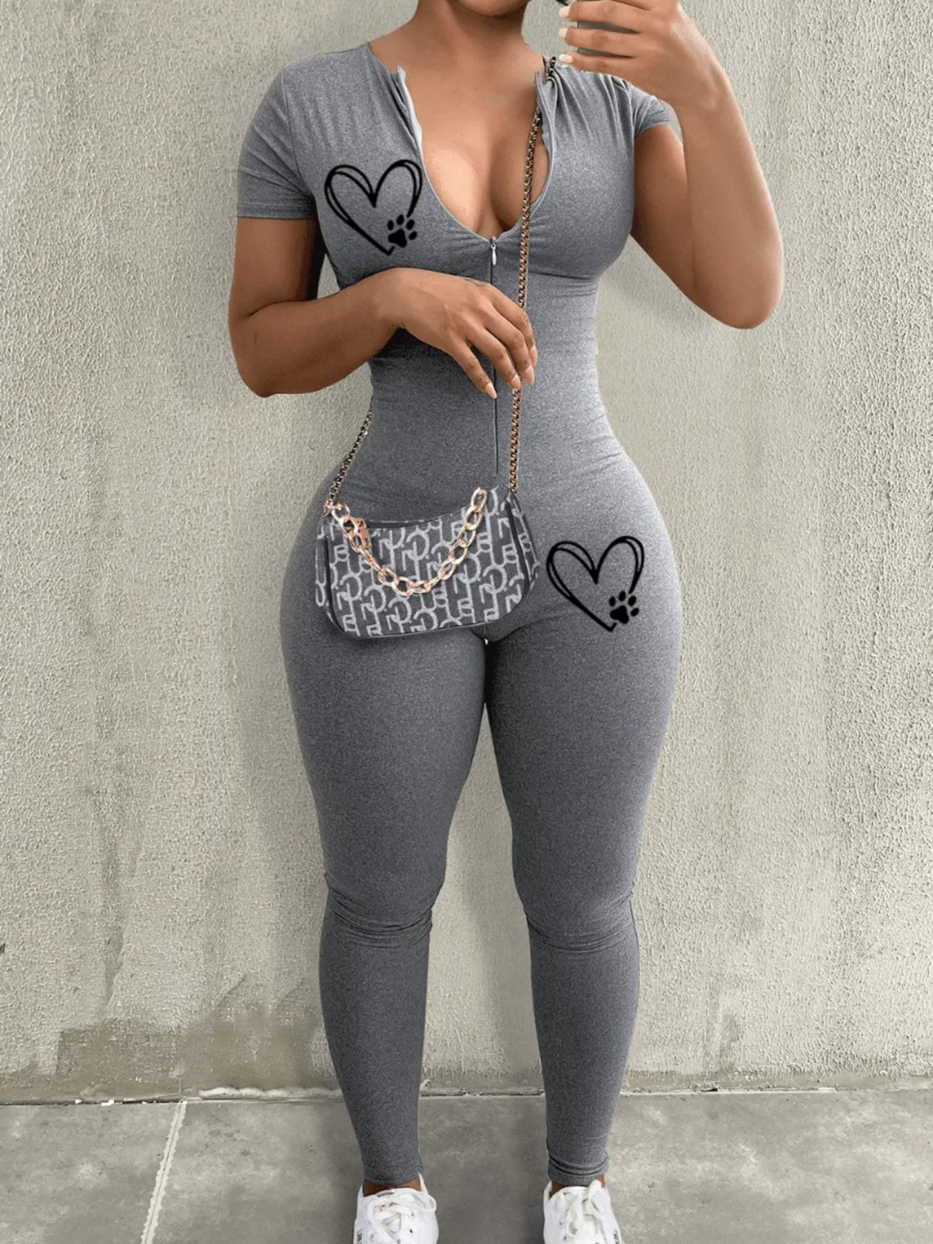 Women's Heart Print Short Sleeve Jumpsuit, Casual Comfy Bodycon Jumpsuit for Summer, Fashion Women's Clothes for Daily Wear