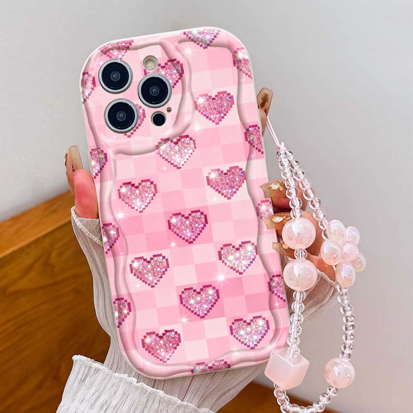 Grid Glitter Heart Lanyard Pattern Tpu Wave Edge Anti-Drop Phone Case for Apple iPhone 17 Pro Max/16/16 Pro Max/11/13/14/15, Girl's Gift