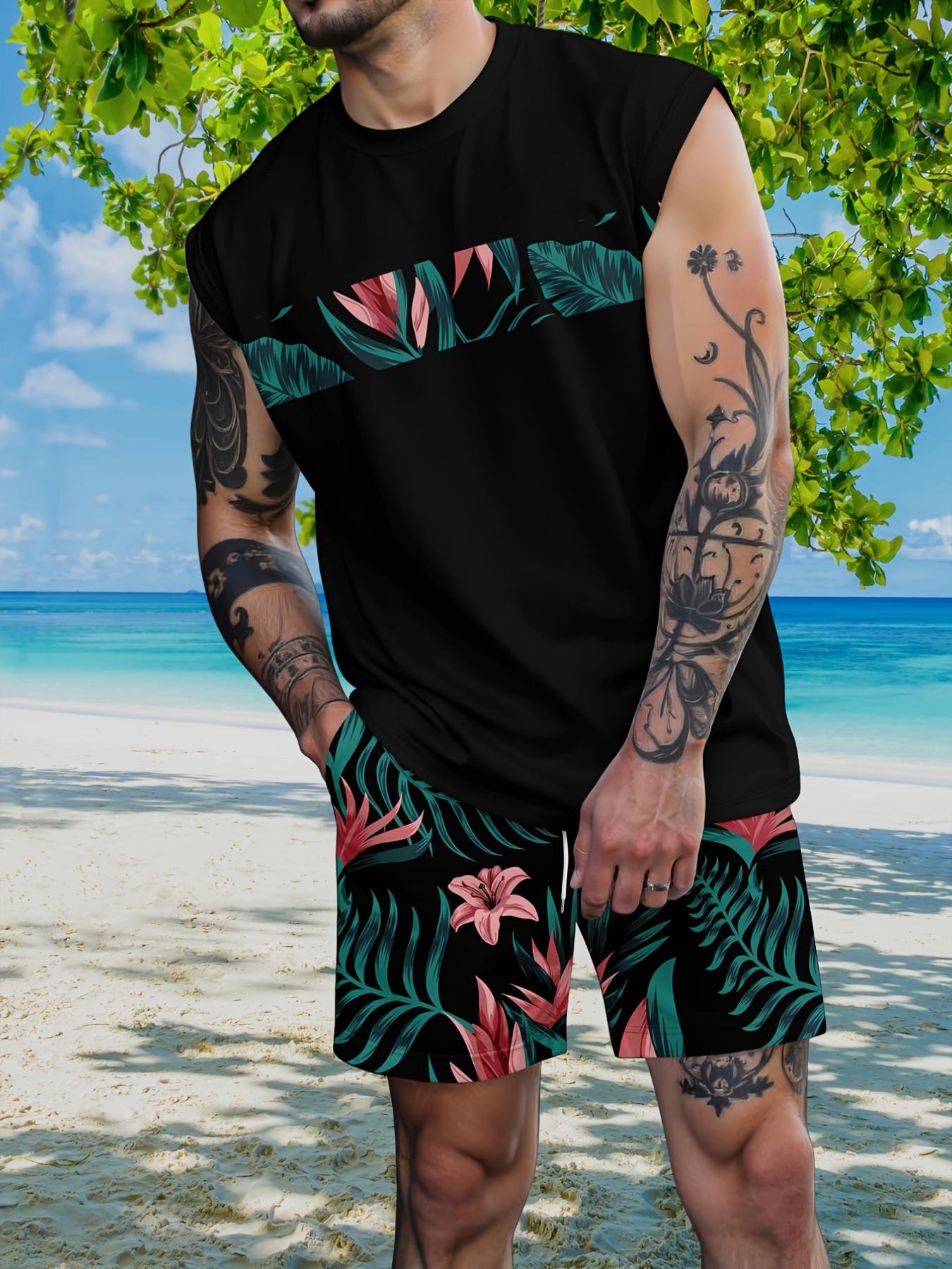 Men's Tropical Palm Tree Print Sleeveless Tank Top & Drawstring Shorts Set Summer Beach Casual Two Piece Outfit Streetwear Co Ord Set Suits