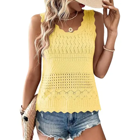 Cicy Bell Womens Summer Crochet Tank Tops Casual Trendy Knit Sweater Vest Sleeveless Hollow Out Boho Beach Tops