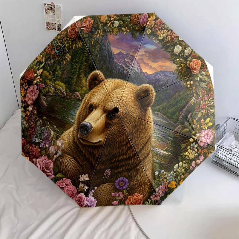 1 PC Automatic Folding Umbrella - Nature's Majesty: A Bear Amidst Flowers Pattern, Portable & Foldable Design with 8 Ribs, Merry Christmas Pattern,Casual Outdoor Accessory Halloween and Christmas Birthday Gifts. G0022