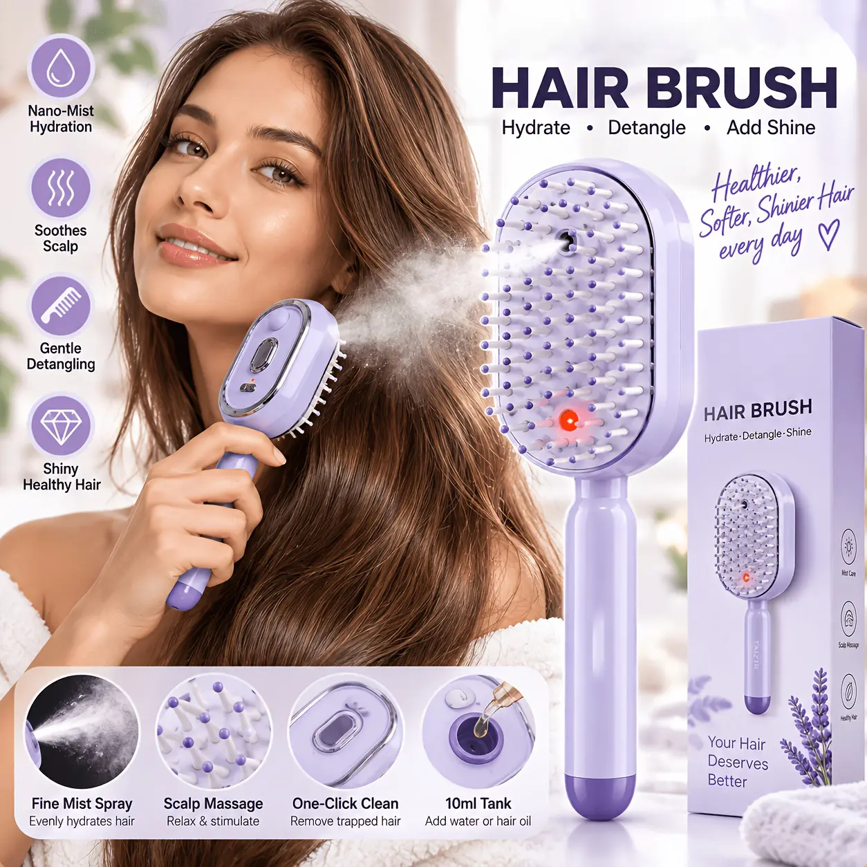 3-Pack Electric Spray Air Cushion Massage Comb & Hair Brush Suitable For Frizzy Hair Care, Includes Gift Duck Clip. Anti-Static Hair Tool For Daily Use& Home Spa. Smooths Frizz& Flyaways