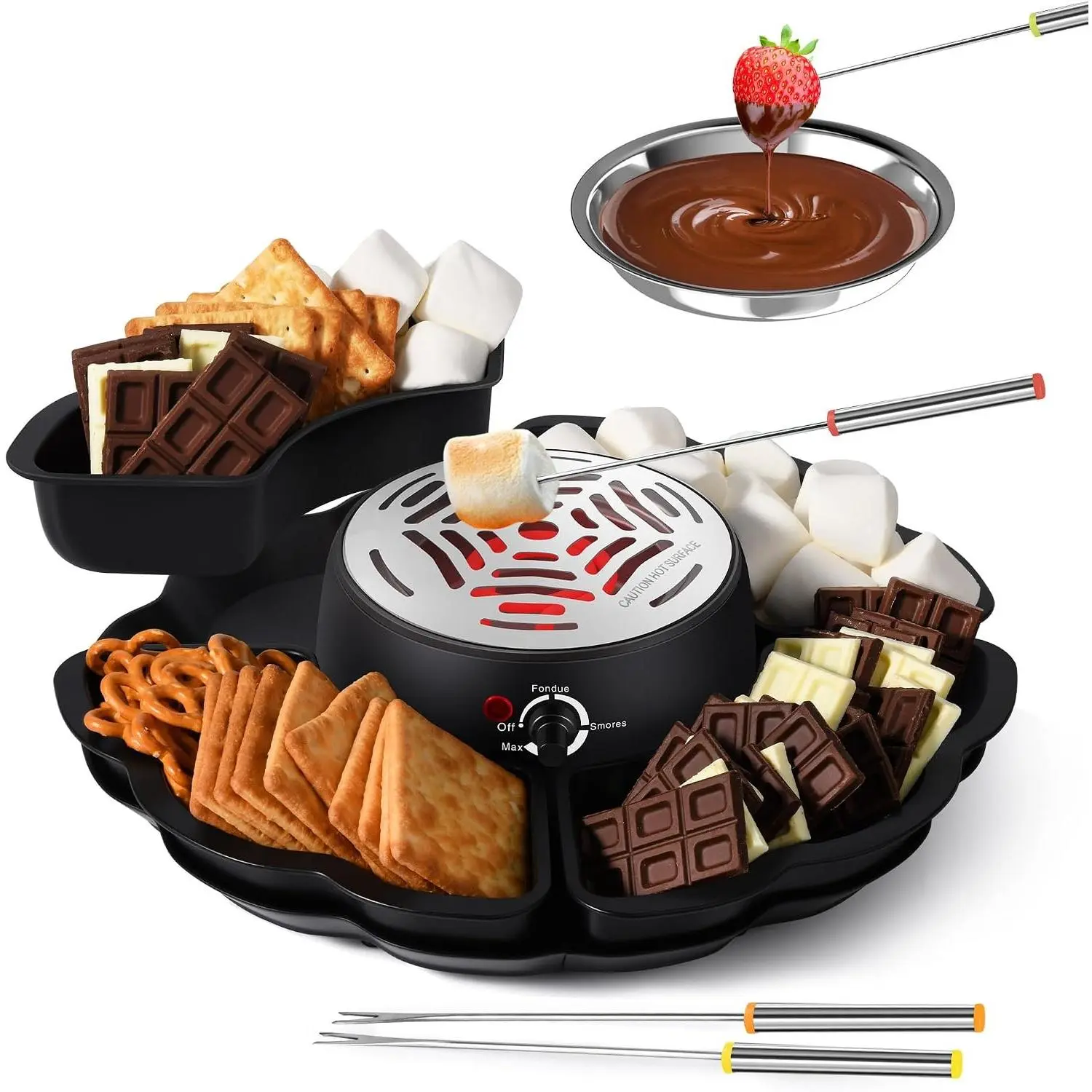 2 In 1 Smores Maker & Fondue Set, Tabletop Indoor Smores Kit, Marshmallow Roaster with Temp Control, 4 Detachable Trays, 4 Roasting Forks, 1 Heated Bowl, Movie Night Supplies and Housewarming Gifts