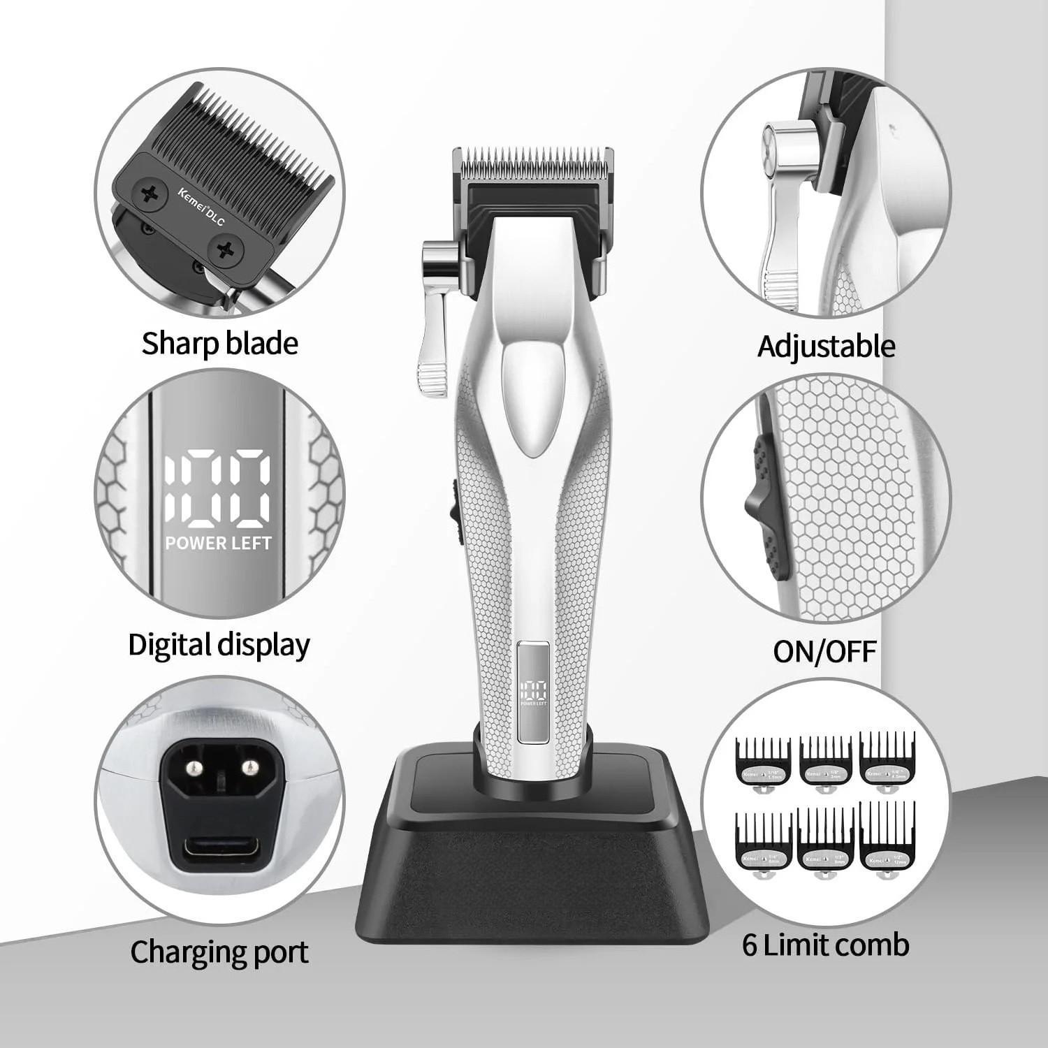 Km New Metal Silver Color Electric Hair Trimmer Set, Km-1798 Main Push + Km-3023-702 Carving Hair Trimmer, Wireless Fast Charging