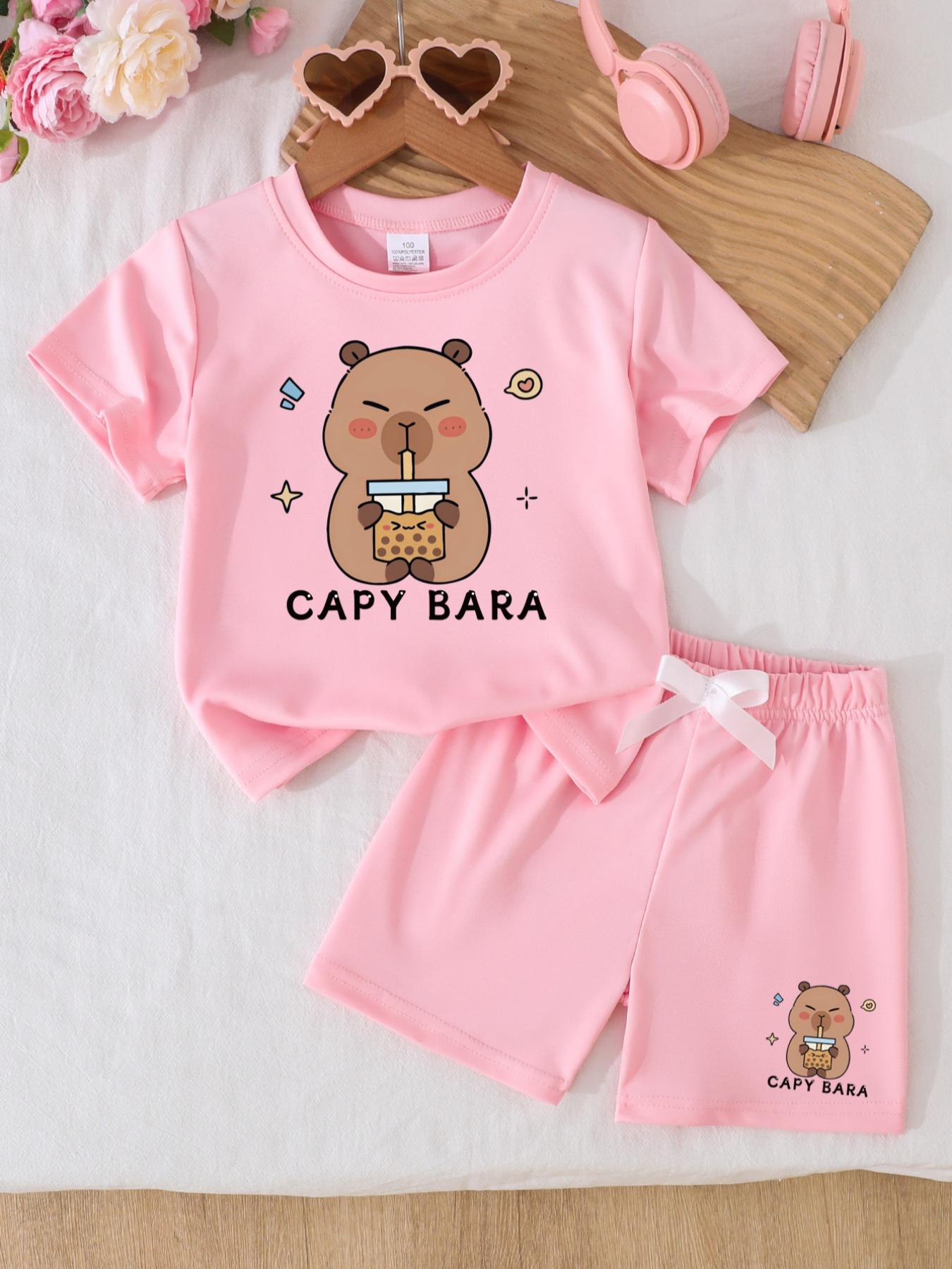Capybara Girls' Summer 2-Piece Set - Short Sleeve Tee & Shorts Outfit | Soft & Comfortable Everyday Playwear for School, Parties & Outdoor Activities | Multi-Color Options, Ideal Holiday & Birthday Gift Casual Fashion Set Children