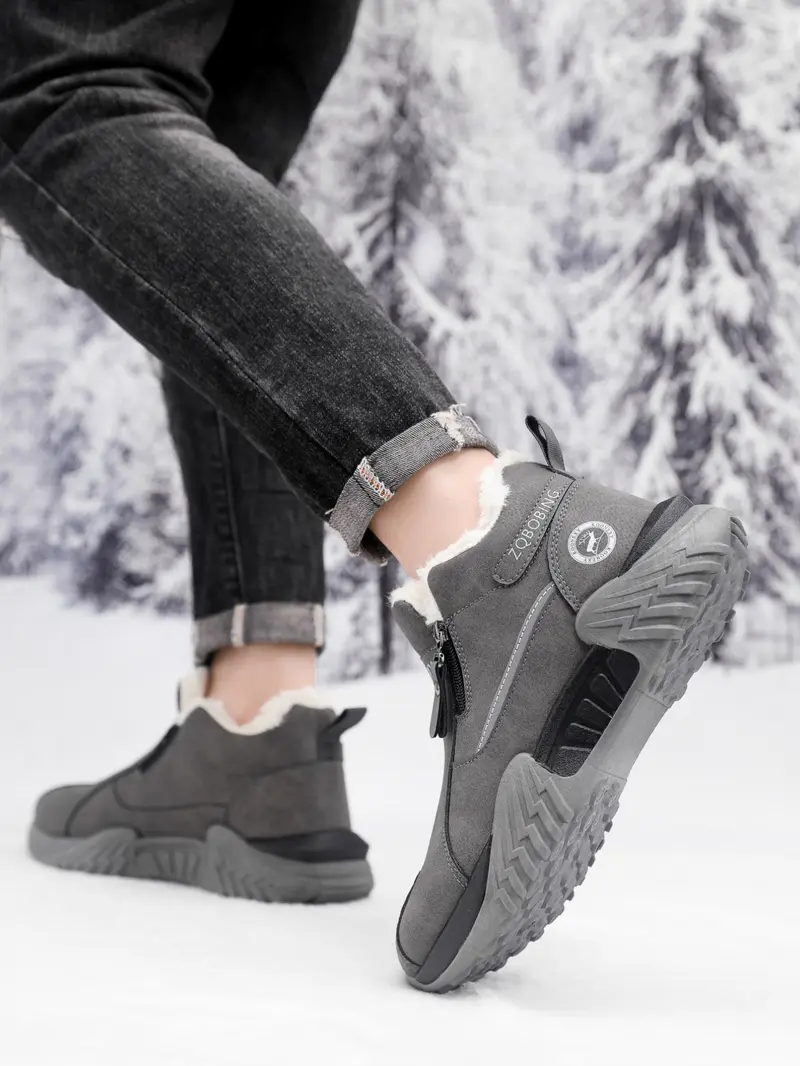 Unisex Winter Snow Casual Ankle Boots, Suede-Look Upper, Side Zip, Fleece-Lined Warm, Thick PVC Sole