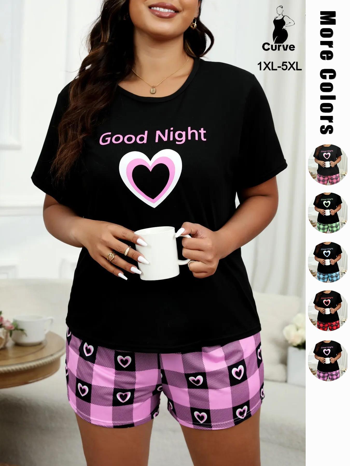 Plus Size Heart & Plaid Print Pajama Set, Casual Round Neck Short Sleeve T-shirt & Shorts Pj Set, Summer Sleepwear & Loungewear, Summer Outfits 2024, Women's Nightwear