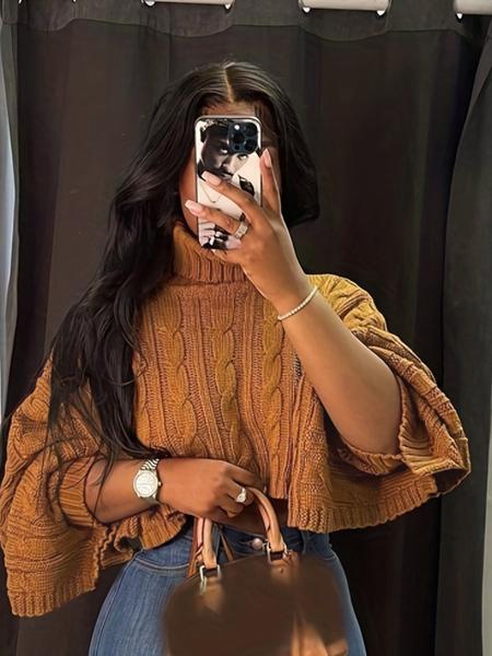 Women's Textured Split Sleeve Turtle Neck Cropped Sweater, Casual Solid Color High Neck Long Sleeve Jumper, Women's Knit Clothing for Daily Wear