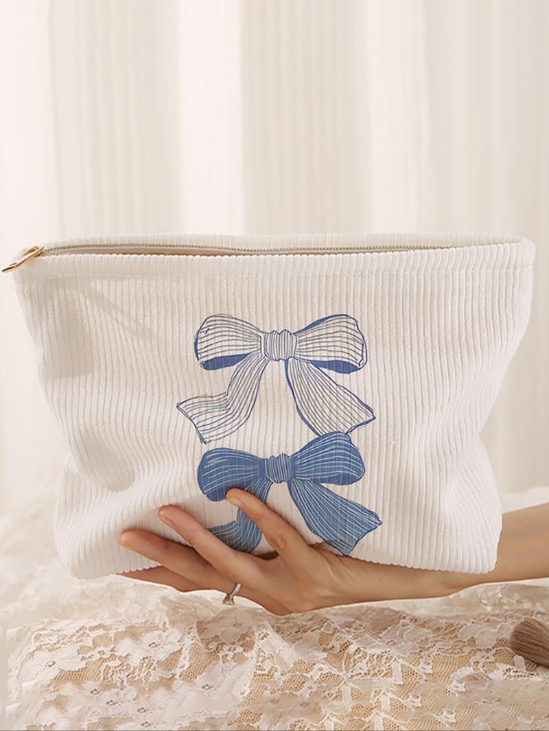 Cute Bowknot & Polka Dot Pattern Makeup Bag, Lightweight Multifunctional Cosmetic Storage Bag, Casual Versatile Zipper Corduroy Makeup Bag for Travel & Daily Use, Travel Cosmetic Bags, Handheld Cosmetic Pouch