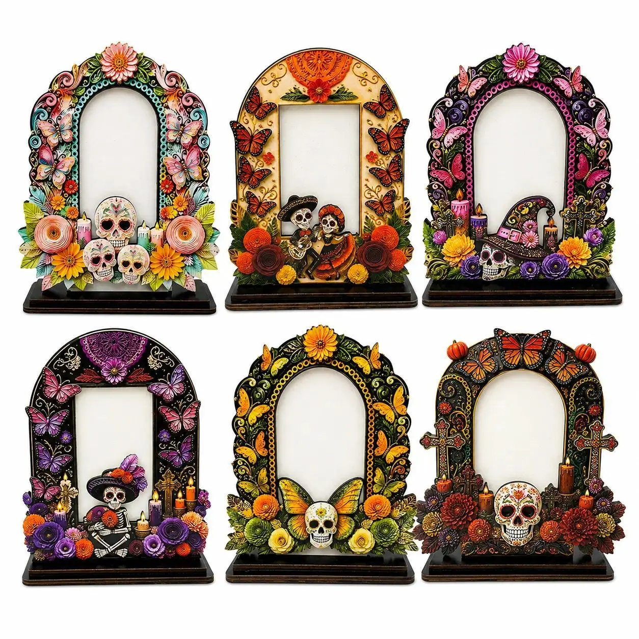 Día de los Muertos Alloy Wooden Picture Frame - Floral Butterflies Tabletop Ofrenda Altar Display, Multiple Styles Standing Photo Frame for Home Decor