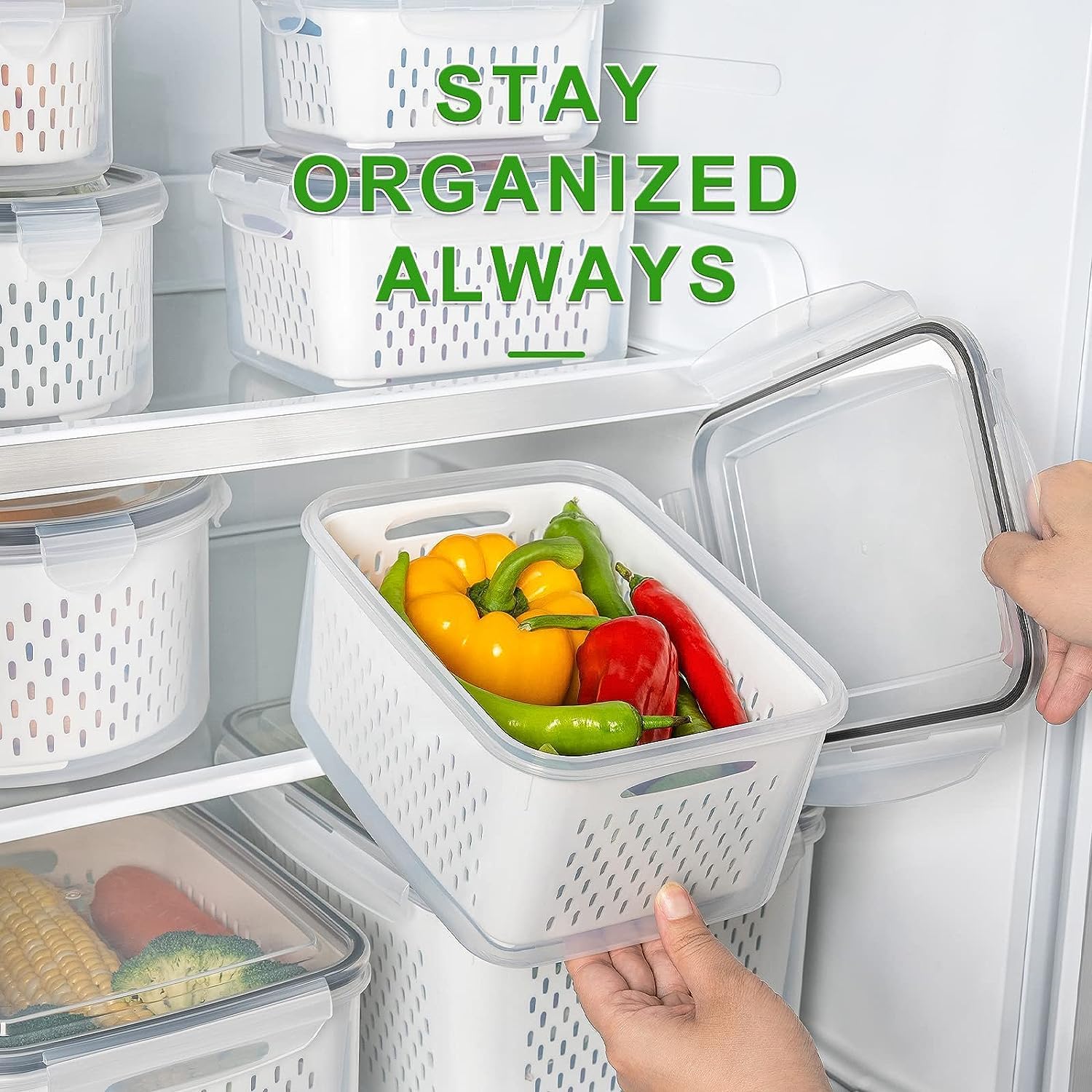 6-Pack Fruit Storage Containers for Fridge with Removable Colanders, 4 in 1 Produce Containers with Lids, Leakproof Fridge Organizer for Salad Berry Lettuce Vegetables Meat