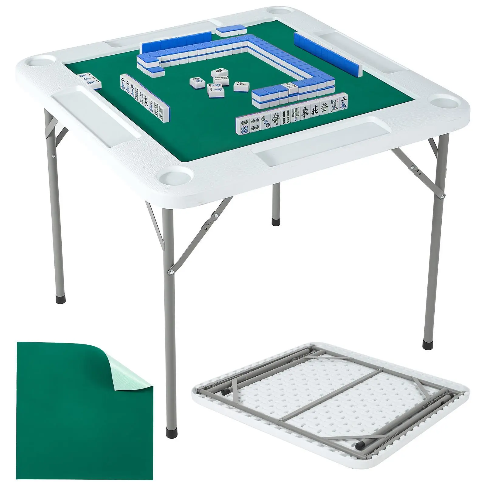 Multi-Player Foldable Mahjong Gaming Table - 35.4"/39.4" Square, Portable Indoor Furniture with Wear-Resistant Green Top, Cup Holders, Sturdy Frame, Easy Setup, Space-Saving for Mahjong, Poker, Board Games