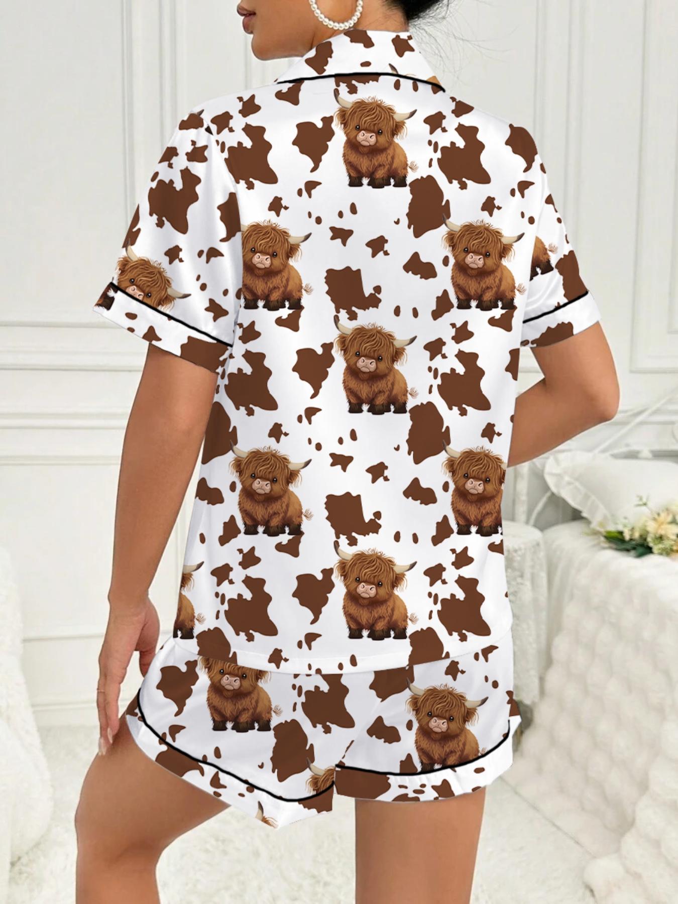 Valentine's Day Women's Sleepwear Pajama Loungewear Set, Comfortable Cute Elastic Highland Cow Milk Cow Pattern Shirt and Pants Two-Piece Suit