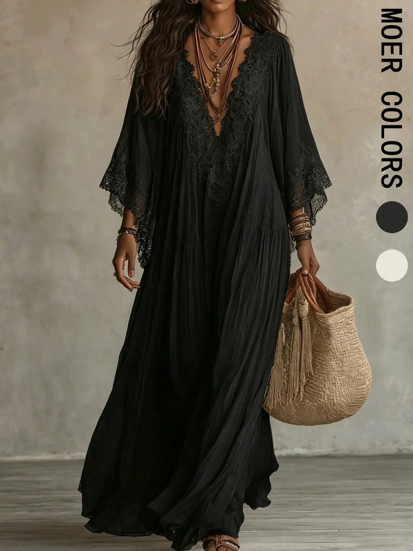 Posh Fairy Style Lace V-Neck Kimono Sleeve Layered Long Dress, Flowy Pleated Chiffon Beach Cover-Up, Vacation Wear
