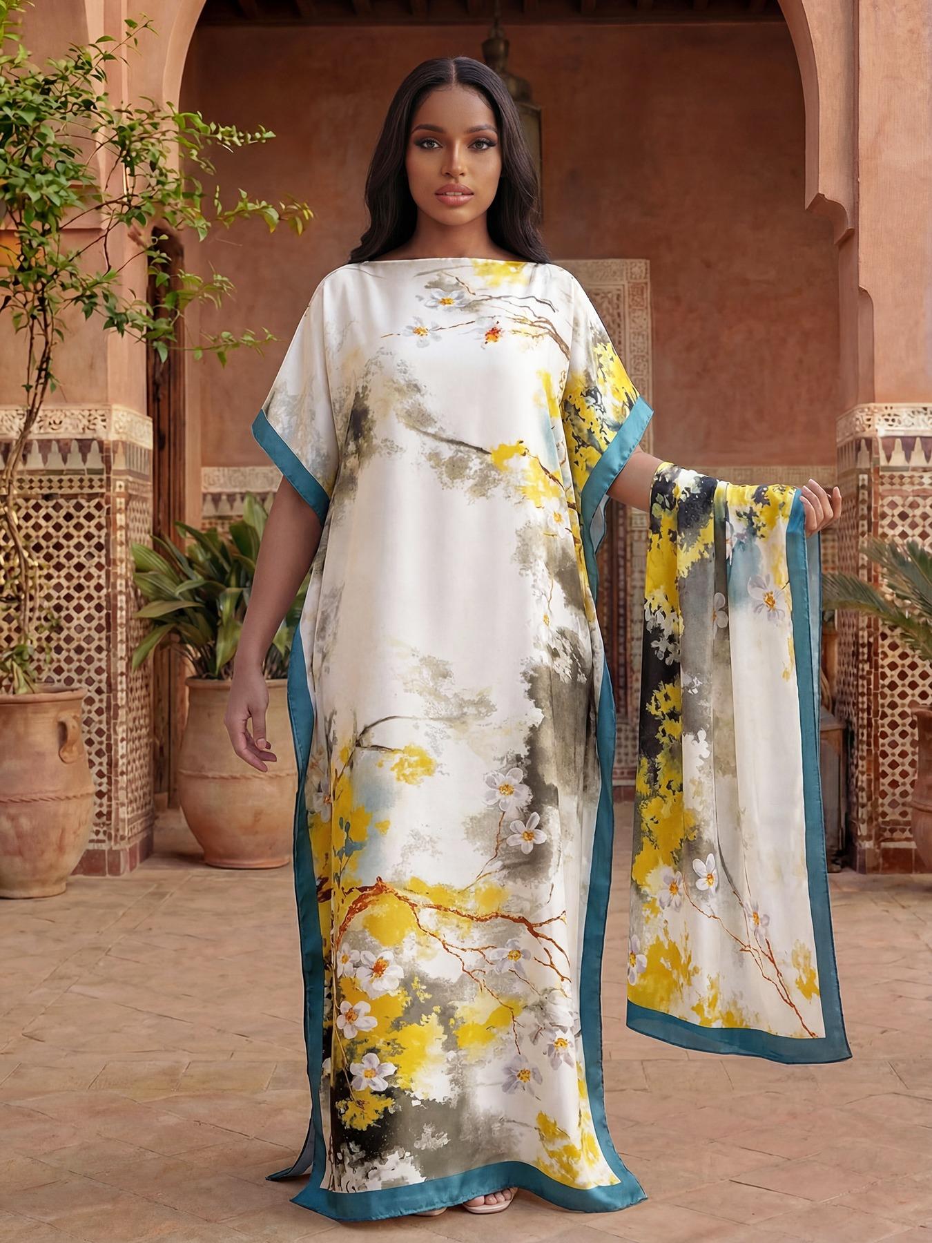 Women's Spring Summer Floral Pattern Robe & Thin Loose Fit Shawl Set, Casual Beach Sun Protection Satin Scarf