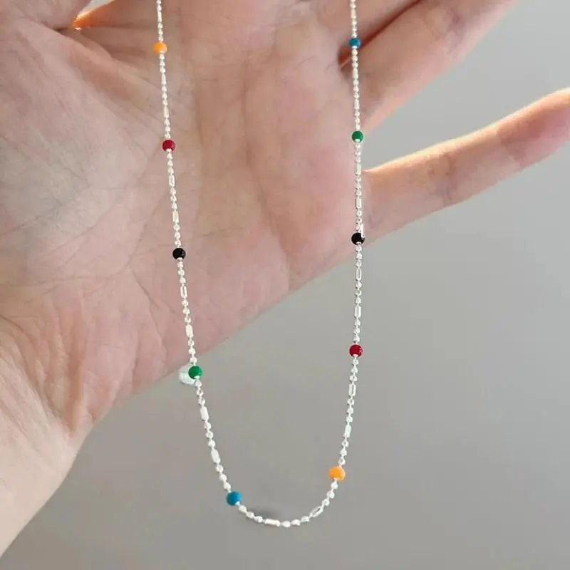 Women's 925 Sterling Silver Geometric Choker Necklace - Choker Length, Multicolor Beads, Shiny Delicate Collarbone Chain, Casual Wear Fashion Costume Jewelry Accessory