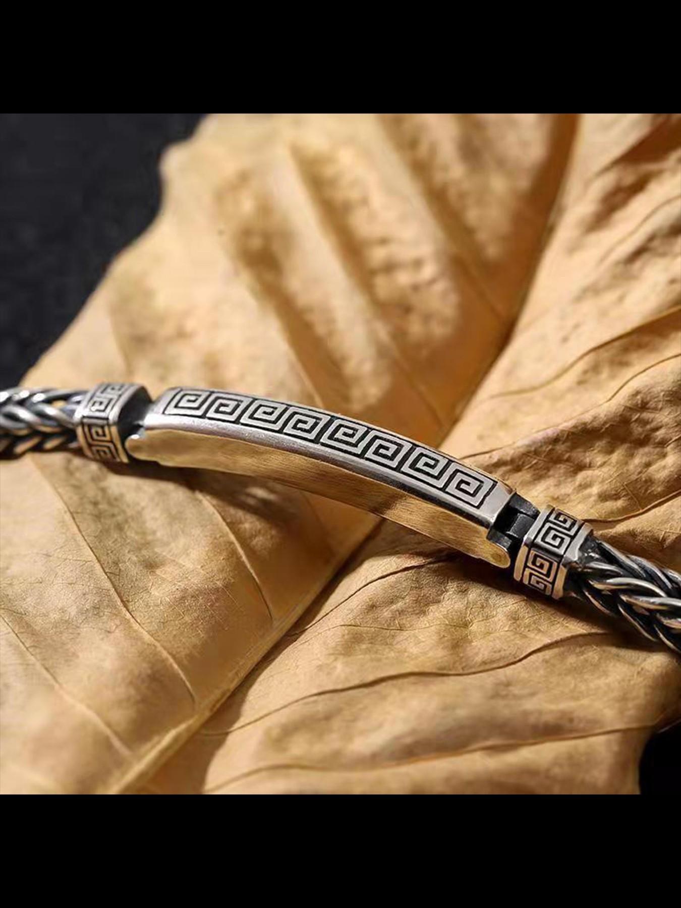 Men's Retro Wave Pattern Silver Color Buckle Bracelet, Trendy Creative Handmade Woven Jewelry, Fashionable Men's Accessory