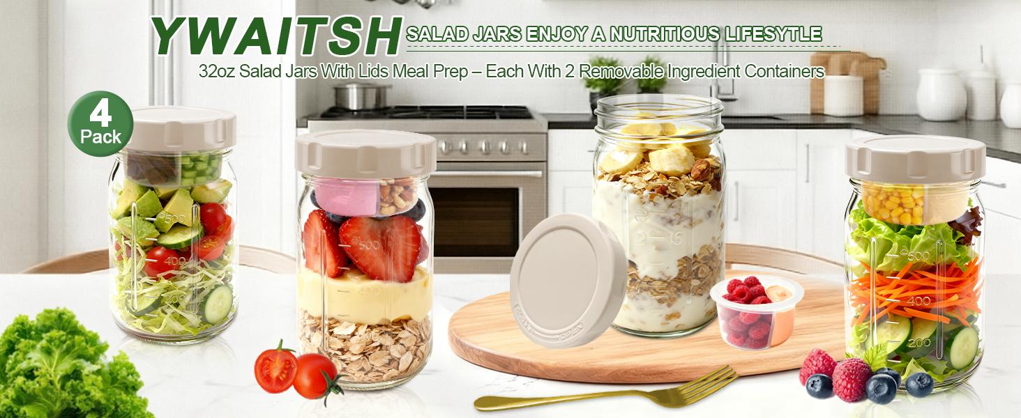 4 Pack Glass Salad Jars with Lids,32oz Mason Jars for Meal Prep,Leakproof Lunch Container with Two Small Built-in Boxes for Wet/Dry Separation of Salad Dressing and Dry Ingredients( Apricot White)