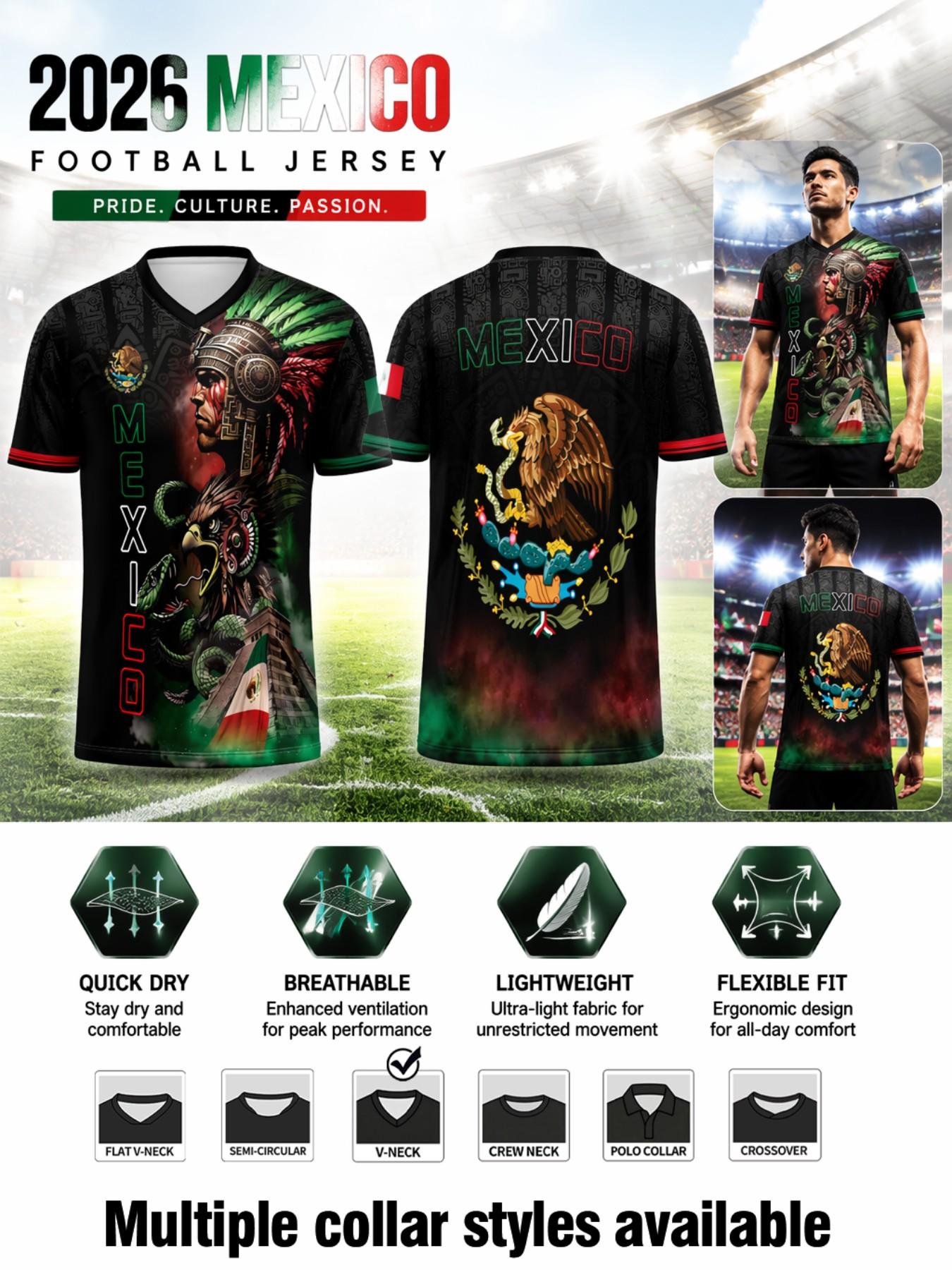 2026 Mexico Sport Short Sleeve Jersey, Summer Training Clothing, Aztec Warrior Print, Fitted Design, Ideal for Training, Outdoor Activities, Streetwear