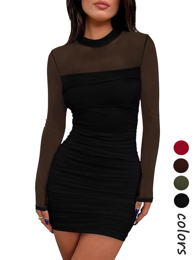 Women's glitter mesh semi-transparent long-sleeved pleated mini dress, sexy and slimming style, high neck design, suitable for cocktail parties or club gatherings