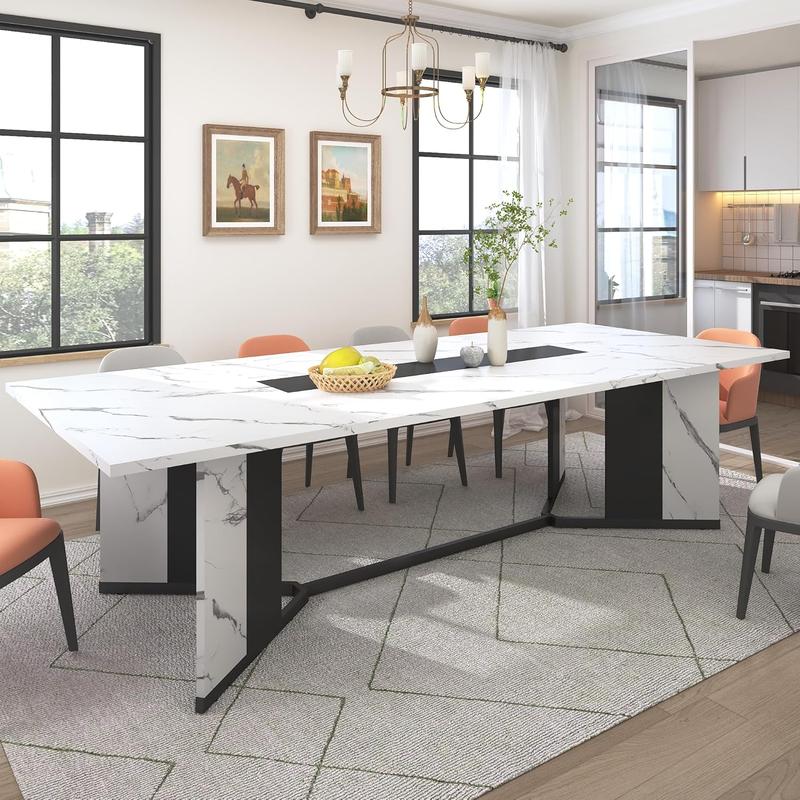 94In/78In/71In Large Rectangular Brown Dining Table for 4 5 6 7 8 People w/35 Marble-Color Wood Watrproof Tabletop,Adjustable Leg.6ft Luxurious Family Dinner Table for Office Kitchen Living Room (not included Chair)