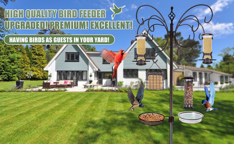 94 Inch Metal Bird Feeding Station, Squirrel-proof Bird Feeder Pole, Complete Multi-Feeder Poles Kit with Four Additional Feeders, A Water Bowl And Food Tray