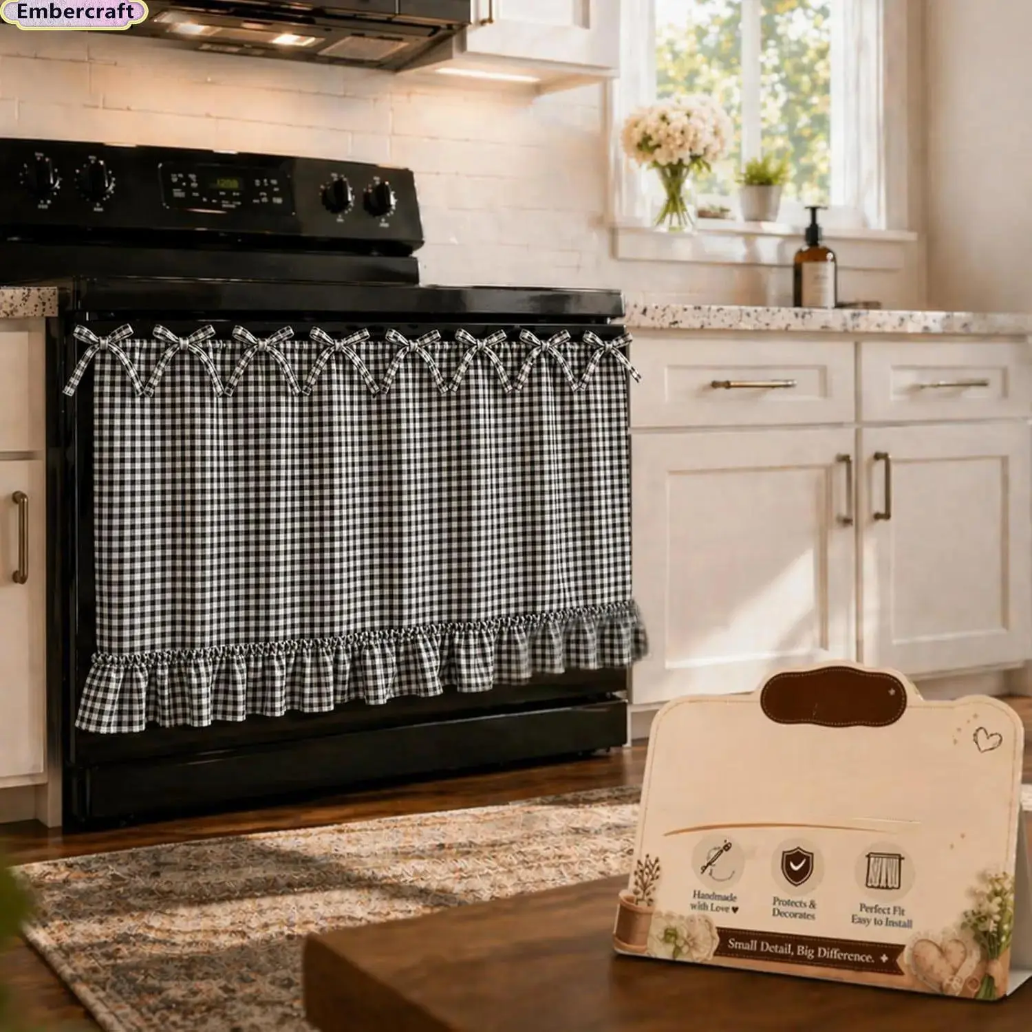 Viral Black & White Gingham Stove Skirt Cover, Handmade Ruffle Bow Oven Cover, Cottagecore Farmhouse Kitchen Decor, Easy Install Dustproof Stove Protector, Coquette Kitchen Accessories for Apartment, Housewarming Gift & Kitchen Makeover