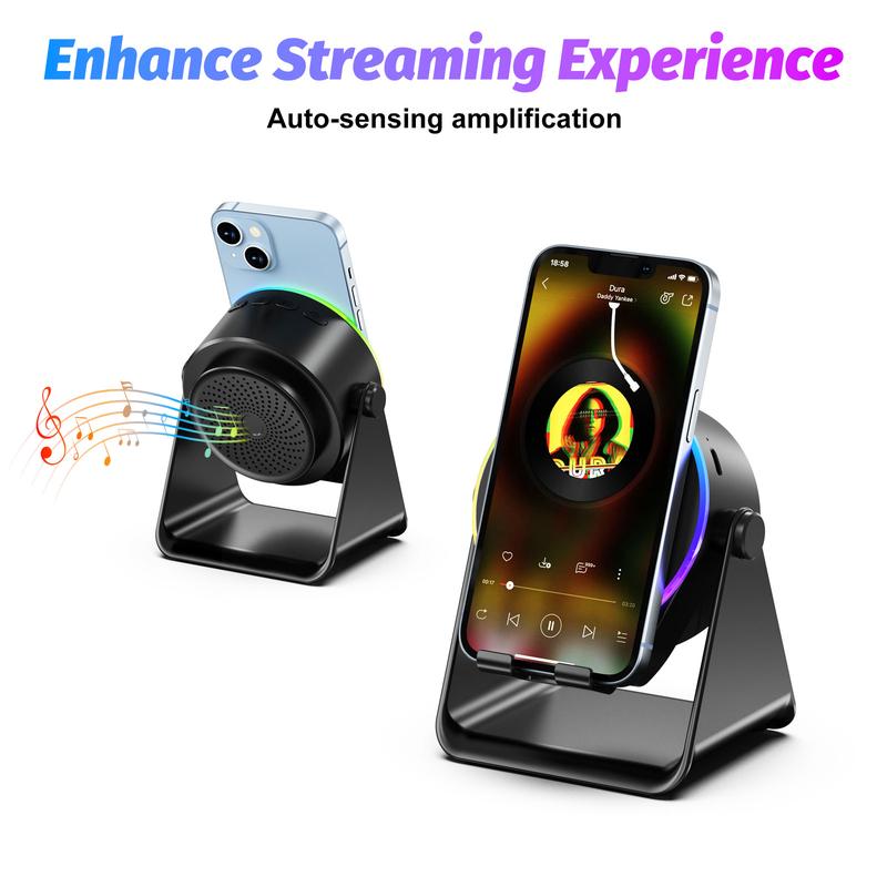 【Valentine's Day gift】Lentorgi 5-in-1 Wireless Induction Bluetooth Audio Speaker, Phone Stand Ambient Light, Surround Sound 360° Rotation Rechargeable Hands-Free Calls For Bedroom, Office, Kitchen, Camping, Yoga, Cooking Gifts for Men, Women, Elderly