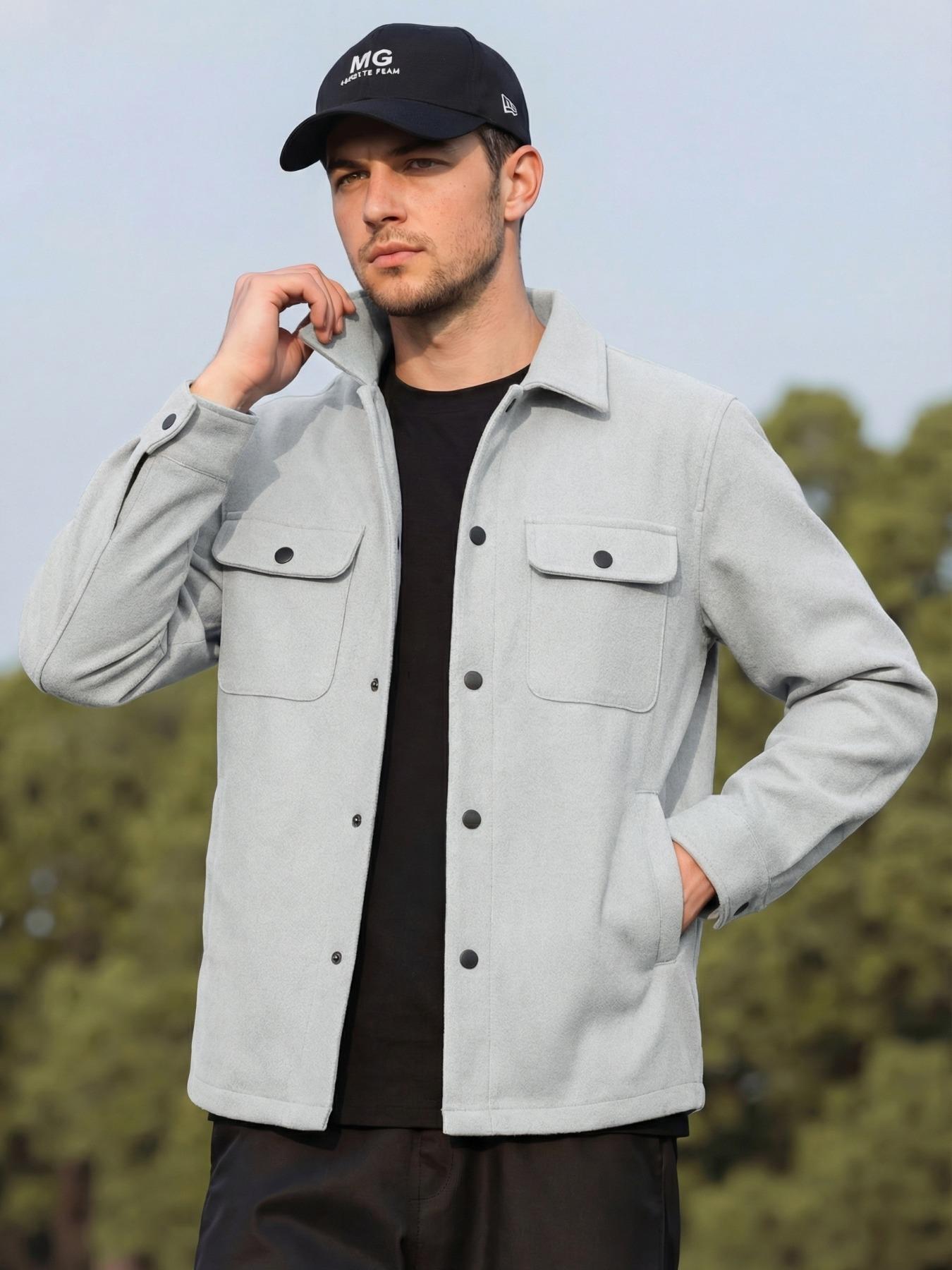 Men's Casual Thick Woven Solid Pocket Jacket Coat, Fitted Design for Work & Outdoor, Lightweight for Fall Winter Season