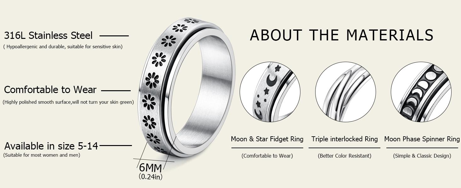 Stainless Steel Fidget Anxiety Ring for Women Men Fidget Spinner Rings Moon Star Celtic Stress Relieving Spinning Ring Wedding Band Rings Set,4-6Pcs