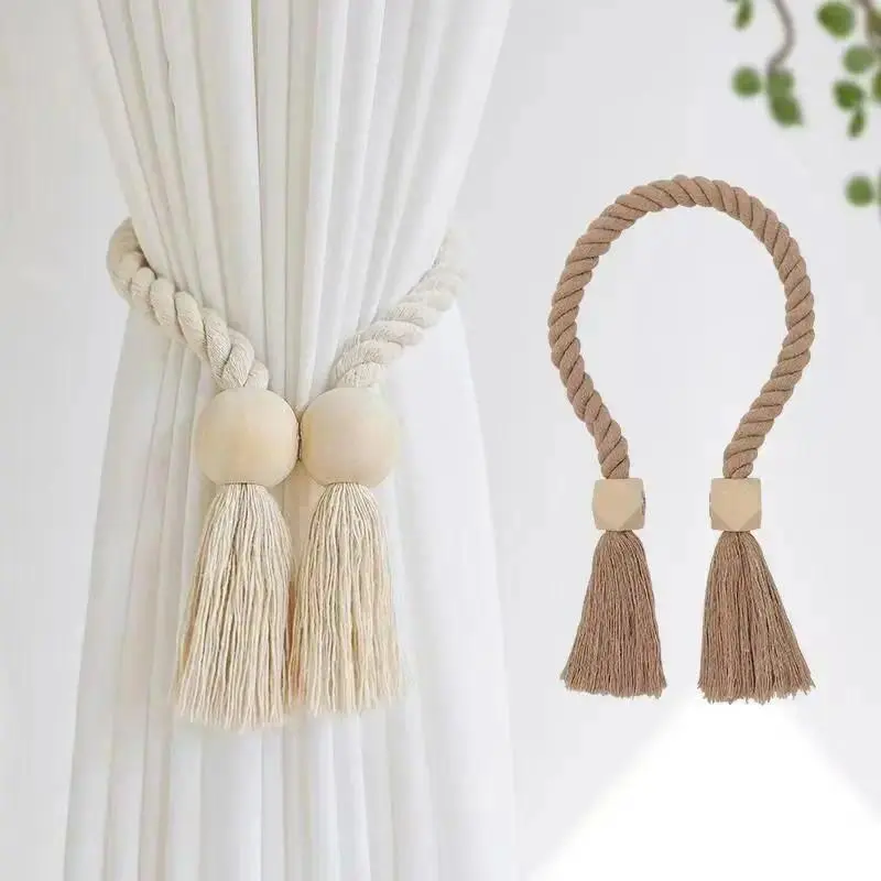 1/4 Pcs Magnetic Curtain Tie Backs, Natural Wood Bead Tassel Curtain Holders, No Drill Drapery Tiebacks, Farmhouse Style Window Curtain Decor for Bedroom and Living Room
