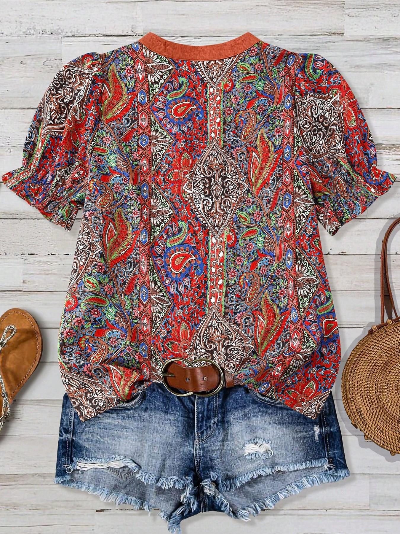 Plus Size Women's Vintage Patchwork Paisley Print V-Neck Chiffon Blouse, Shirts, Bubble Sleeve Loose Fit Short Sleeve, Boho Summer Top