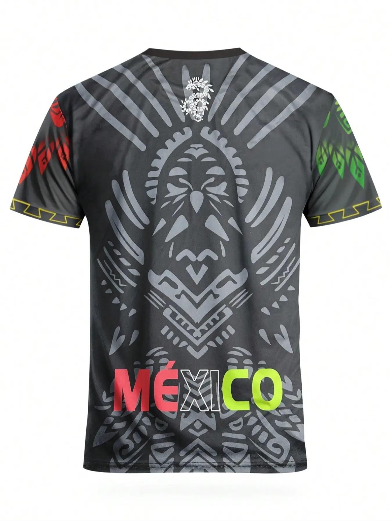Men's Mexican Aztec Feather Sport T-Shirt, Street Style Round Neck Short Sleeve Top, Geometric Pattern, Loose Fit, All Seasons
