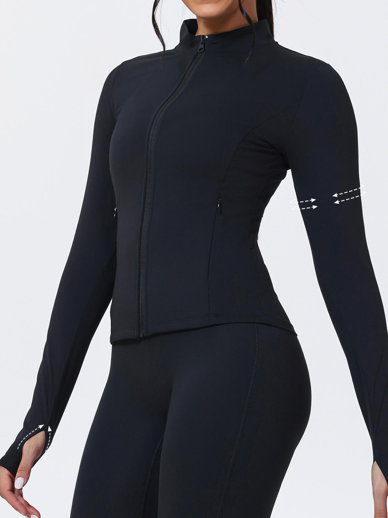 Women's Stand Collar Zipper Yoga Jacket, Windproof Slim Fit Long Sleeve Running Outerwear, Pockets Design, Polyester Spandex Fabric Only Jacket,jackets for women, Sports Yoga Jacket