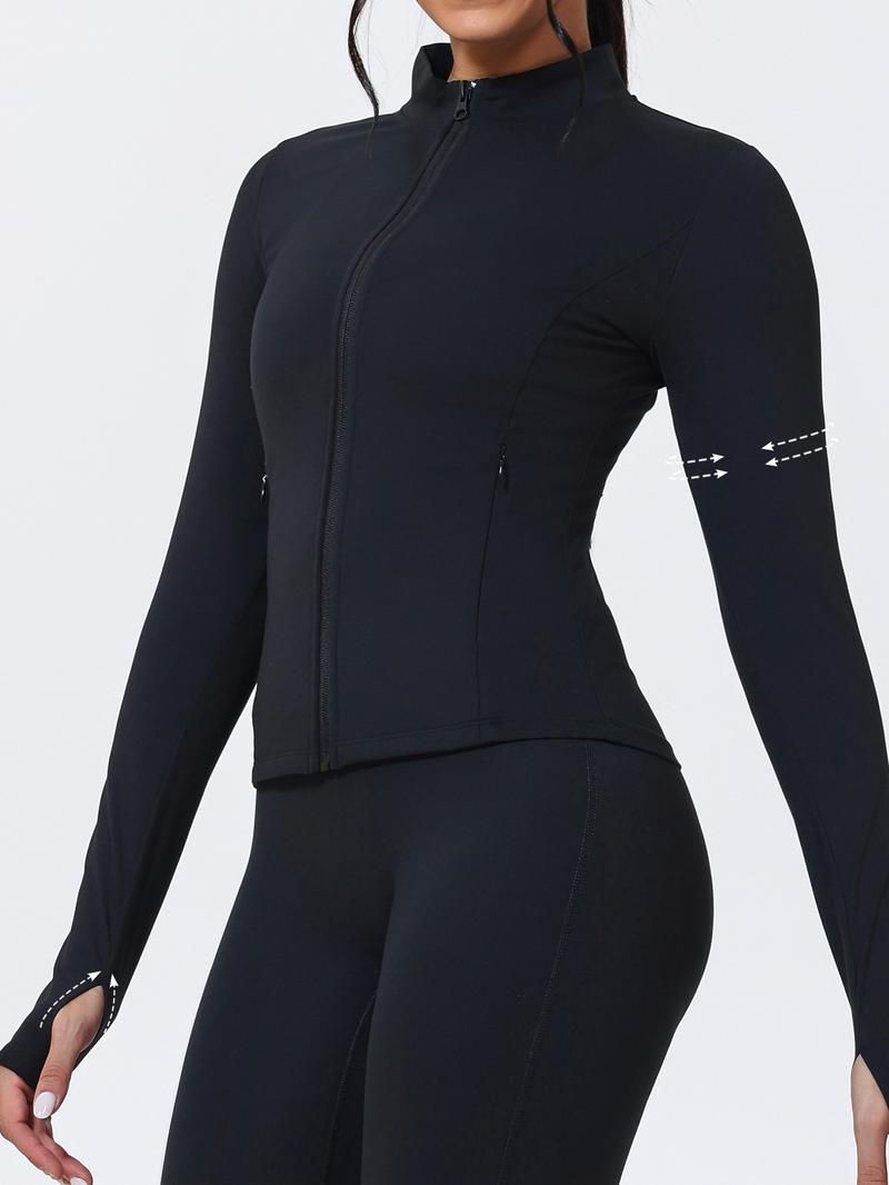Women's Stand Collar Zipper Yoga Jacket, Windproof Slim Fit Long Sleeve Running Outerwear, Pockets Design, Polyester Spandex Fabric Only Jacket,jackets for women, Sports Yoga Jacket