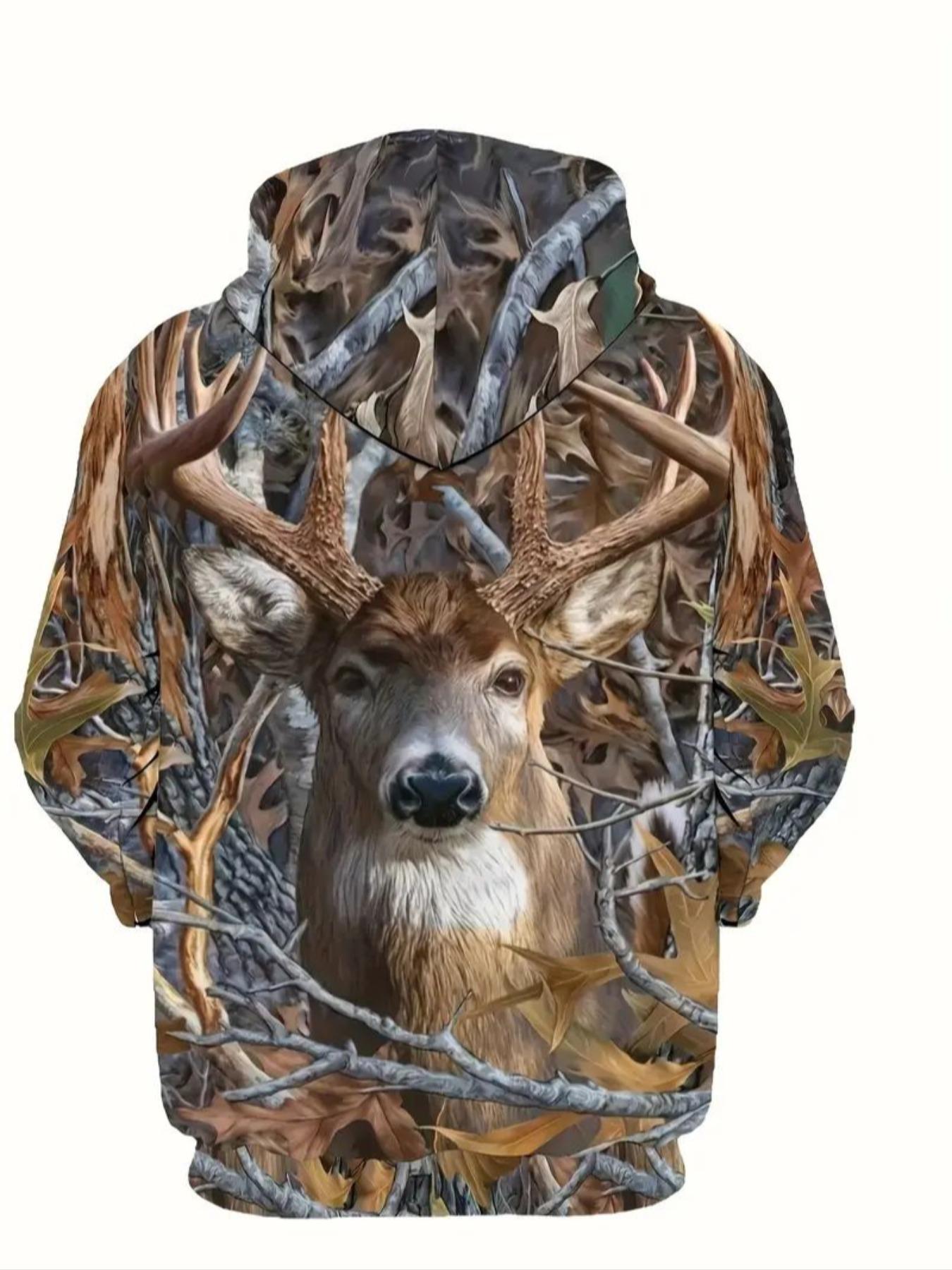 Men's Casual Hoodie Sweatshirt with 3D Deer Print, Full Zipper Outdoor Streetwear, Long Sleeve Pullover