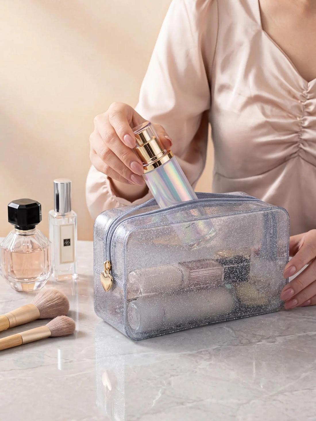 Clear PVC Waterproof Makeup Bag with Zipper, Large Capacity Transparent Cosmetic Pouch Travel Toiletry Organizer, Portable Beauty Storage Bag for Makeup, Skincare, Accessories, Beach, Vacation & Daily Travel
